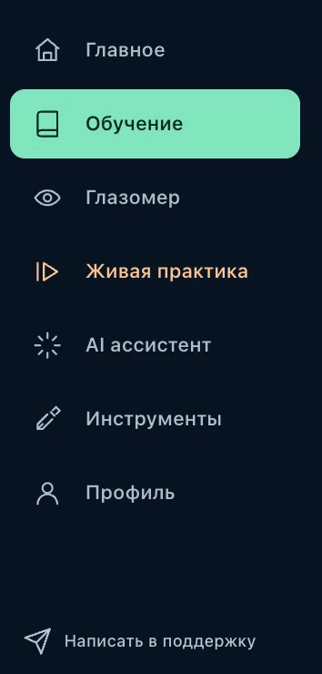 Меню Академии с разделами обучения, практики и профиля